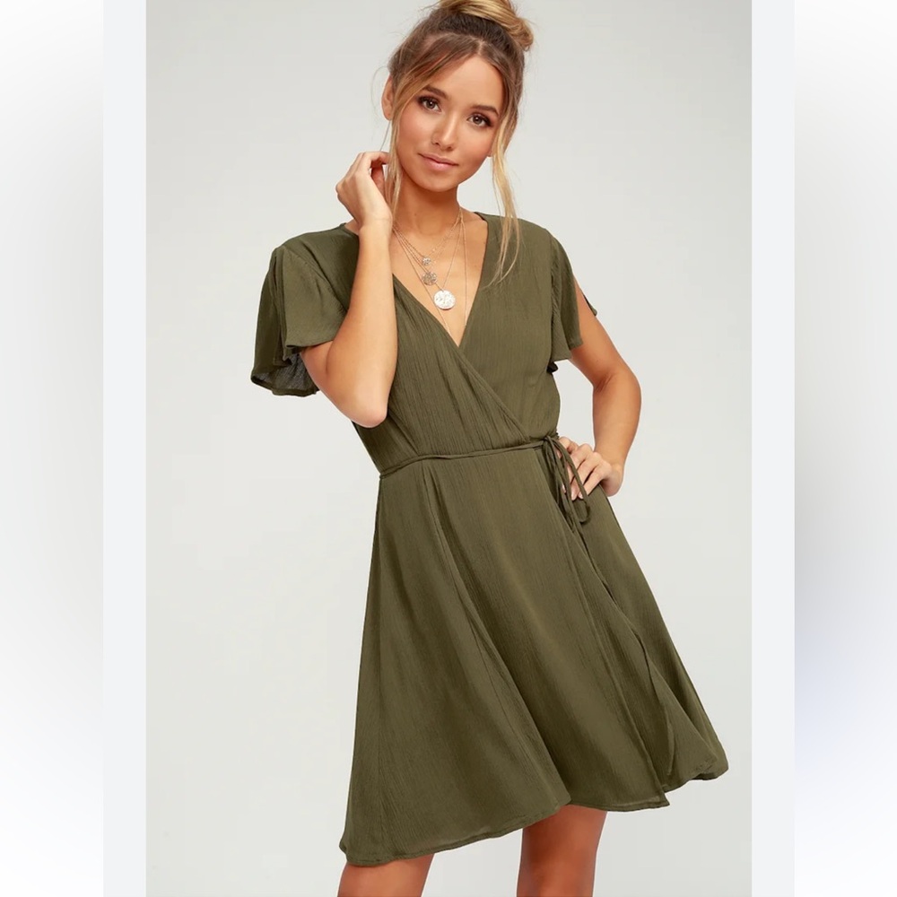 Lulus Harbor Point Olive Green Rayon Wrap Dress Size Medium